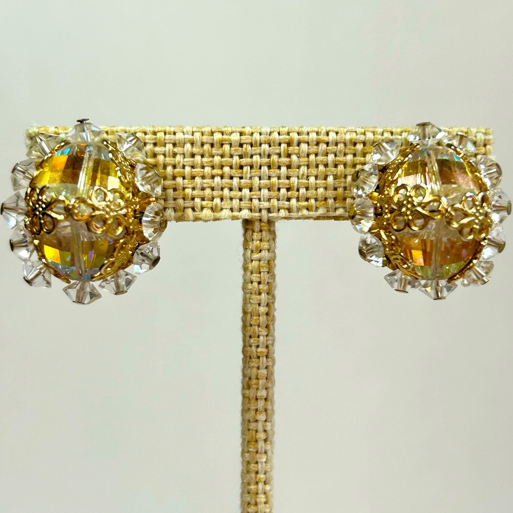 RARE Vintage Vendome AB Crystal Citrine Clear Gold Tone Floral Clip-on Earrings